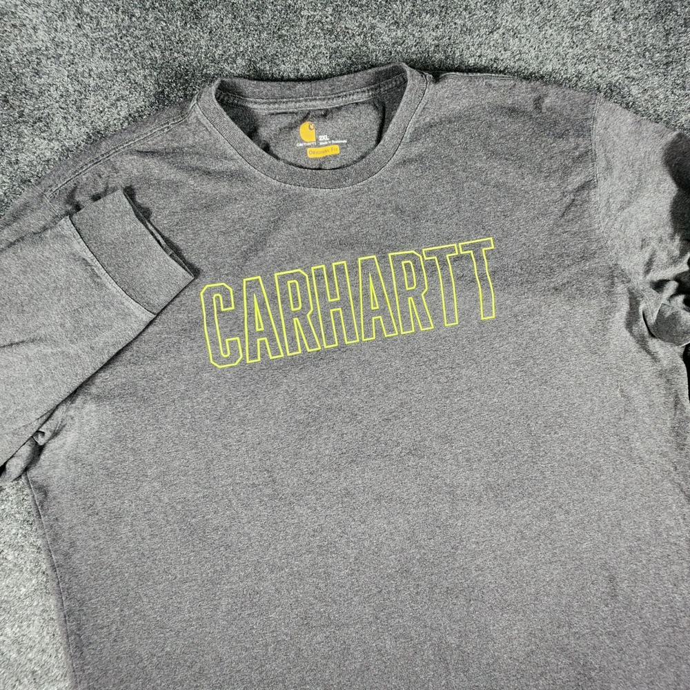 Carhartt Long Sleeve T-Shirt Mens 2XL Gray Yellow Logo Original Fit 103841 026